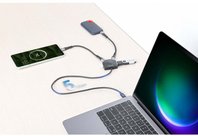 Hub USB Manhattan USB C dhe USB A, 4 porta, USB 3.2 Gen 1 5 Gbps, gri