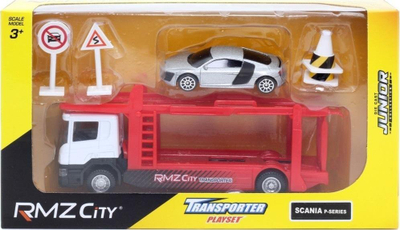 Set lojrash RMZ City Transporter Playset, kamion me makinë dhe tabela rruge, shumëngjyrëshe