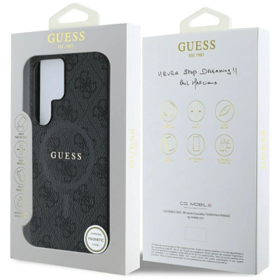 Kuti mbrojtëse Guess 4G Ring Classic Logo për Samsung Galaxy S25 Ultra, lëkurë, MagSafe, e zezë
