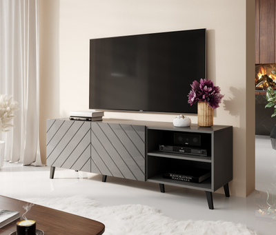 Komodë TV Bed Meble Abeto, 150x42x52 cm, MDF dhe panel i grimcuar, gri