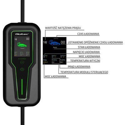 Karikues portativ për makinë elektrike Qoltec Mobile Charger 2in1, Type 2, me rregullim rryme, i zi me jeshile
