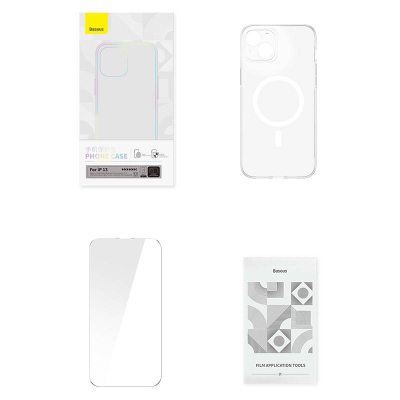 Set mbrojtës Baseus për iPhone 13, këllëf magnetik transparent, xham i temperuar