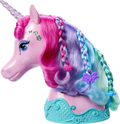 Lodër kokë stilimi Barbie Unicorn, me aksesorë flokësh, me ngjitëse me shkëlqim, shumëngjyrëshe