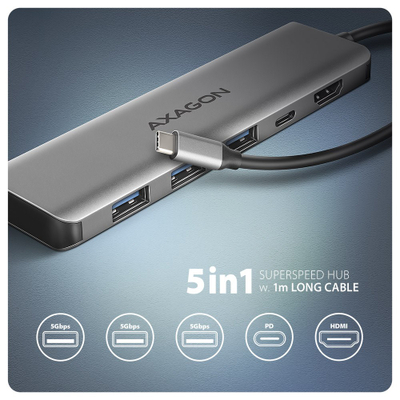 Hub USB C AXAGON HMC-5H, 3x USB A, HDMI 4K, PD 100W, argjendi