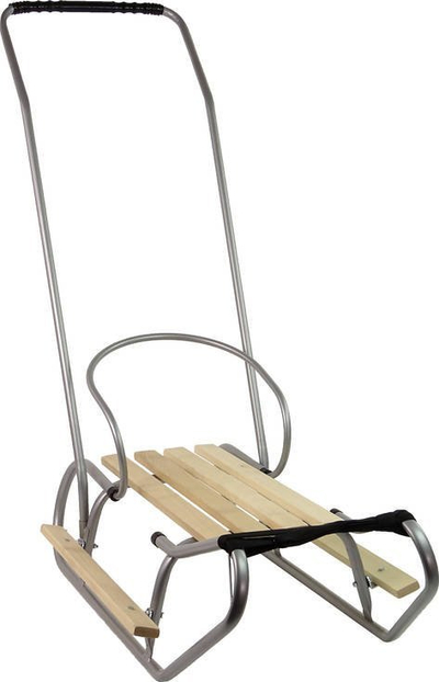 Sled metalik me shpinore, me dorezë për shtyrje, argjend