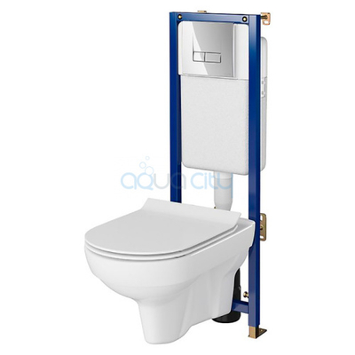 Set instalimi WC Cersanit Tech Line Base City Clean On, kornizë muri, buton krom, e bardhë