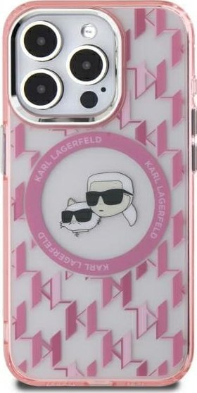 Kapak telefoni Karl Lagerfeld IML Monogram Karl &amp; Choupette, MagSafe, për iPhone 15, rozë