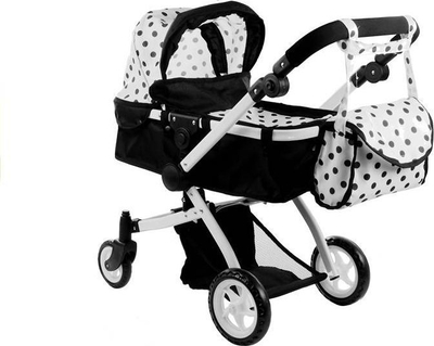 Karrocë për kuklla Lean Toys Alice, 2 në 1, dorezë e rregullueshme, e bardhë me pika të zeza