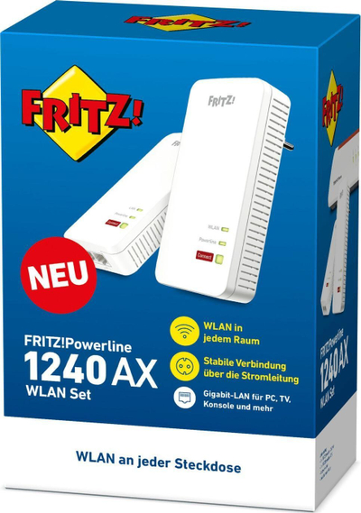 Адаптер преку електрична мрежа AVM FRITZ!Powerline 1240 AX, гигабитен, безжичен интернет 6, бел