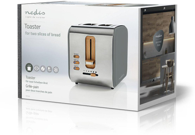 Toaster Nedis Soft Touch, 2 hapsira të gjera, 900W, inox me detaje druri