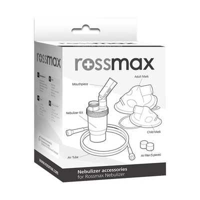 Set aksesorësh për nebulizator Rossmax, maskë për të rritur dhe kalamoj, 5 filtra ajri, i bardhë