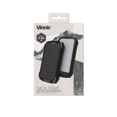 Powerbank diellor Vinnic SACA PEAK, 10000mAh, IP65, ngjyrë e zezë