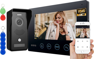 Video interkom Eura VDP-42A3 Gamma Plus, ekran 7", WiFi Tuya, 2 hyrje, lexues afërsie, i zi