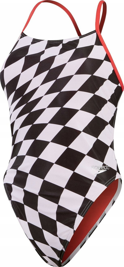 Kostum banje për goca Speedo Endurance+, me kuadrata shahu, me rripa që rregullohen, i kuq me të bardhë e të zezë