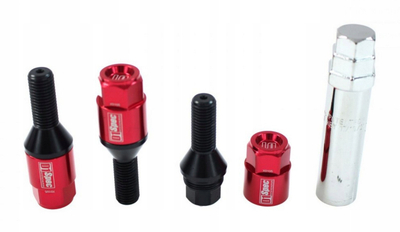 Bulona rrotash D1SPEC Heptagon 2IN1 Steel, 14x1.5, set sigurie, e kuqe