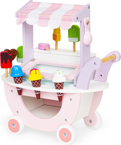 Karrocë lodër druri ECOTOYS Wooden Ice Cream Shop Cart, edukative, për kalamaj 3+, shumëngjyrëshe