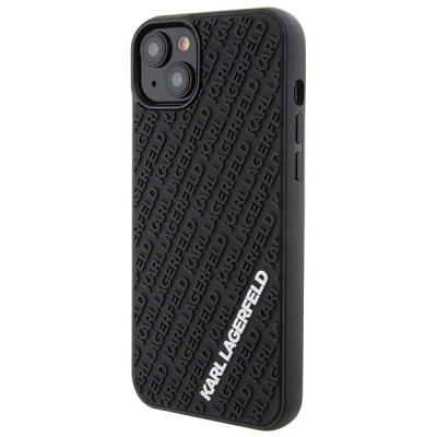 Kllëf telefoni Karl Lagerfeld 3D Rubber Multi Logo, për iPhone 15 Plus, gome e butë, i zi
