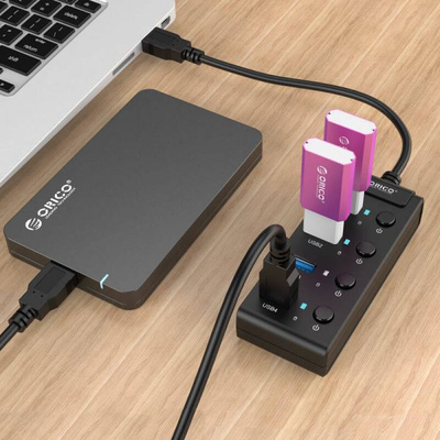 HUB USB Orico me 4 porta, USB 3.0, 5Gbps, me çelësa on/off, i zi
