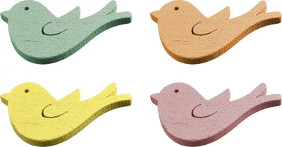 Figura druri për zbukurim Titanum Wooden Pastel Birds, 37x22mm, set me 12 copë, ngjyra pastel shumëngjyrëshe