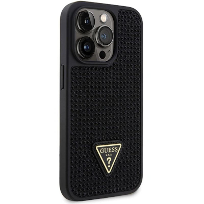 Kapak telefoni Guess Rhinestones Triangle Logo për iPhone 14 Pro, poliuretan i butë, i zi