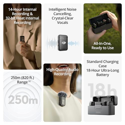 Mikrofon wireless DJI Mic 2, 2 transmetues 1 marrës, anulim inteligjent i zhurmës, 250 m