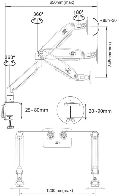 Krah i dyfishtë për monitor G75, 22\"-32\", mekanizëm gas spring, i zi