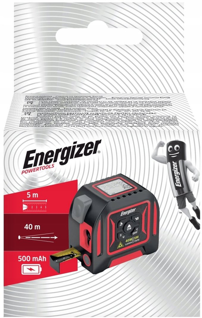 Metër matëse Energizer Digital, 5 m, lazer 40 m, zezë e kuqe