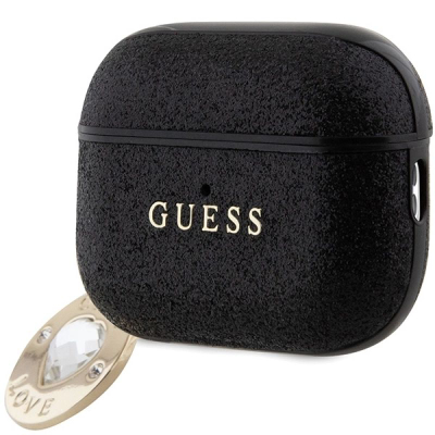 Këllëf për kufje Guess GUAP2PGEHCDK, për AirPods Pro 2, me shkëlqim glitter, me varëse zemër, i zi