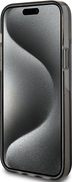 Kapak telefoni Guess Liquid Glitter Gold Stripes, për iPhone 15 14 13, i zi
