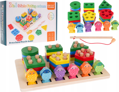 Lodër edukative druri QIYI 2 në 1, puzzle me forma, lojë peshkimi magnetik, shumëngjyrëshe
