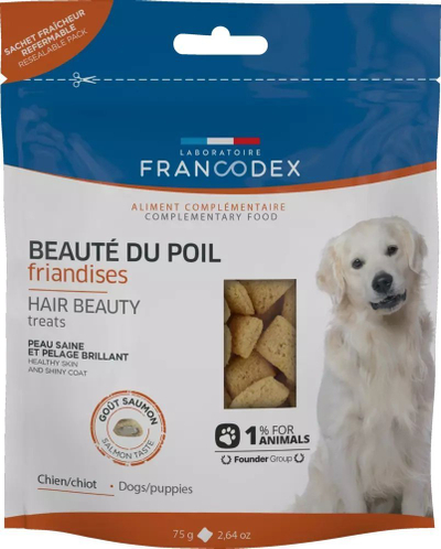 Shpërblim për qen Francodex Beautiful Coat, për qime të shkëlqyera, 75 g
