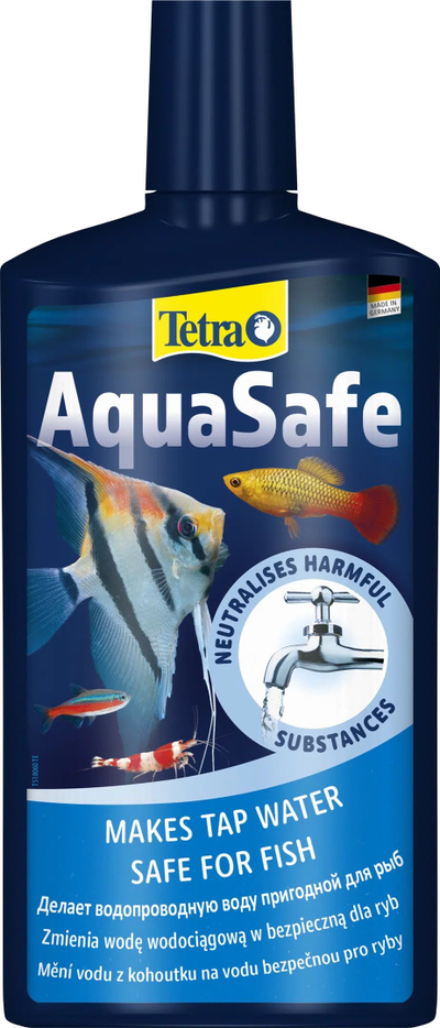 Solucion për ujë akuariumi Tetra AquaSafe, 500 ml, për trajtimin e ujit të çezmës, blu