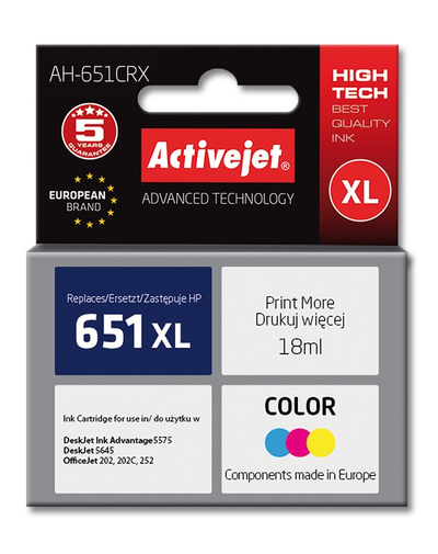 Ngjyrë për printer Activejet AH-651CRX (zëvendësim për HP 651 C2P11AE), 18 ml, e kaltër / vjollcë /  e verdhë