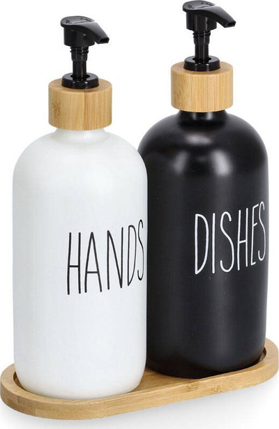 Set me dozatorë sapuni e lëngu enësh me nënstole prej bambuje, 500 ml, 2 copë, ngjyrë e zezë