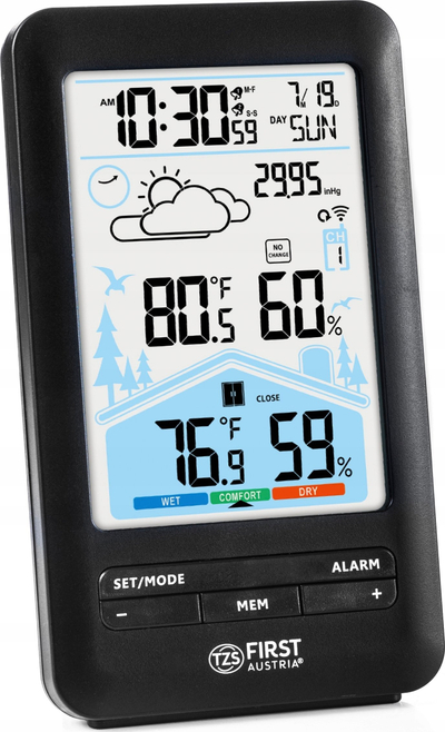 Stacion moti First Austria 2461-7, higrometër wireless, ekran LCD, i zi