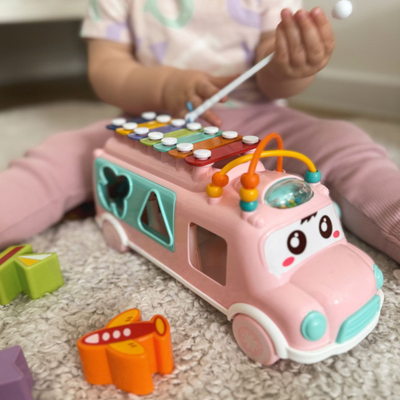 Lodër autobus muzikor interaktiv Woopie Music Bus, ksilofon, sorter formash, shumëngjyrëshe