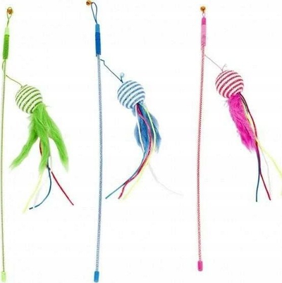 Lodër shkop për mace Duvo+ Cat Rod Ball+Feathers, 46cm, me top dhe pupla, shumëngjyrëshe