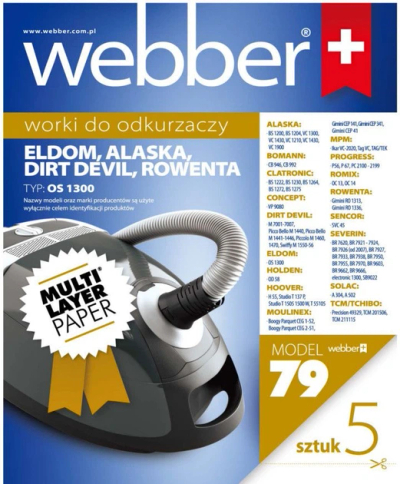 Qese për fshesë me korrent Webber Eldom OS1300 Model 79, letër me shumë shtresa, set 5 copë, ngjyrë natyrale