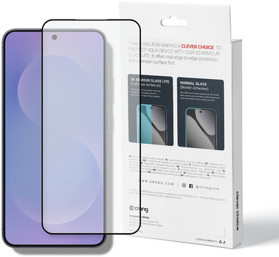 Заштитно стакло Crong 3D Armour Glass Lite, со целосно лепење, за Samsung Galaxy S25, со црна рамка
