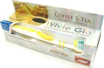 Pastë dhëmbësh zbardhuese White Glo Whitening, 100ml, për kafe dhe çaj, me furçë dhëmbësh