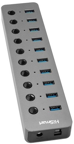 Hub USB Hismart 10 porta, USB 3.0, gri e errët