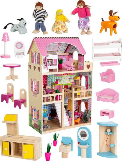 Дрвена куклена куќа Enero Toys Wooden LED Dollhouse XXXL, 60x33x90cm, со LED, шарена