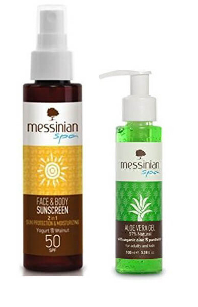 Sprej për mbrojtje ndaj diellit SPF 50 + Xhel Aloe Vera Messinian Spa, 100 + 100 ml