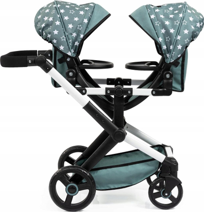 Karrocë lodër për kukulla Bayer Design Xeo Twin, për dy kukulla 46cm, dorezë e rregullueshme, jeshile me yje