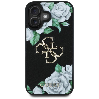 Kapak telefoni Guess Grained Roses Big 4G Logo për iPhone 16, plastik, për telefon, i zi