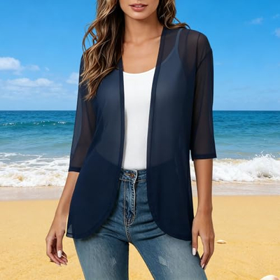 Kardigan veror për gra, mëngë 3/4, i hollë, ngjyrë blu navy, përmasa S