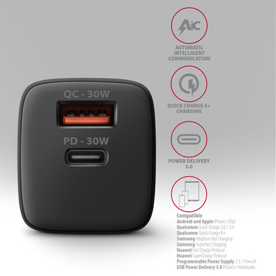 Karikues AXAGON ACU-PQ30, USB-A, USB-C, PD, QC4+, 30W, i zi