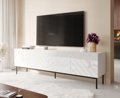 Komodë TV ABETO, 200x42x60 cm, chipboard MDF, e bardhë me shkëlqim