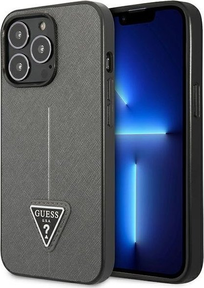 Kapak telefoni Guess Saffiano Triangle Logo për iPhone 14 Pro 6.1", hardcase, argjend