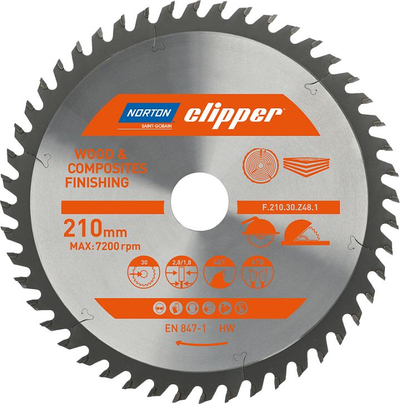 Sharrë Rrethore Norton Clipper 210mm x 30mm x 48 dhëmbë – Dru & Materiale Kompozite ATB (2.8 / 1.8)